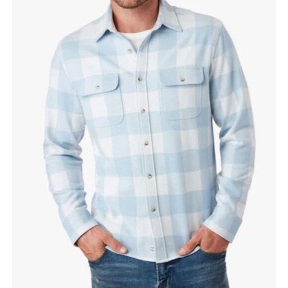 FAIR HARBOR Dunewood Ultra Stretch Shirt Men Large Blue Plaid Button Up Casual - Picture 1 of 12